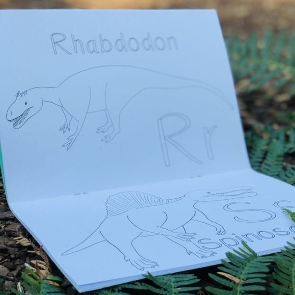 A picture of the inside of the Alphabet of Amazing Dinosaurs Colouring Book