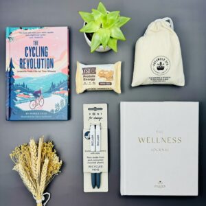 A picture of the range of products that are included in the Mindful Cyclist Gift Hamper.