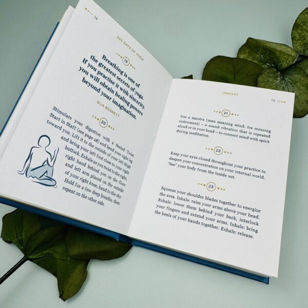 A picture of the inside of the 365 Days of Yoga Book that is included in the Yoga Wellness Gift Box.