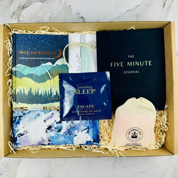 A picture of the products included in the Ultimate Sleep Care Package presented in MindFill Packaging