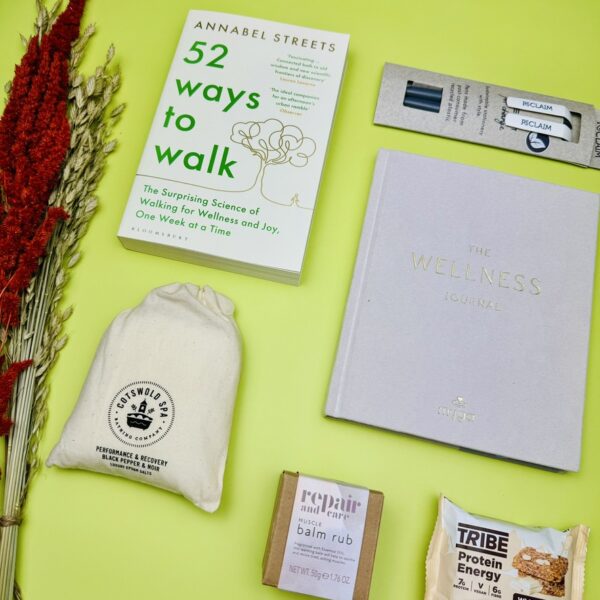 A picture of the range of walking gifts that are included in the Walkers Wellness Gift Hamper.