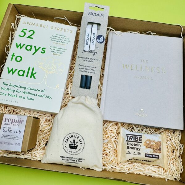 A picture of the walking gifts that are included Walkers Wellness Gift Hamper presented in MindFill packaging.