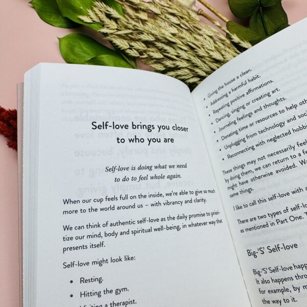 A picture of the inside of the The Things That No One Taught Us About Love book by Jay Shetty that is included in the Self Care Package Gift Box