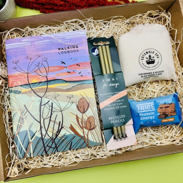 A picture of the range of products that are presented in the box and included in the Mindful Walker Gift Box