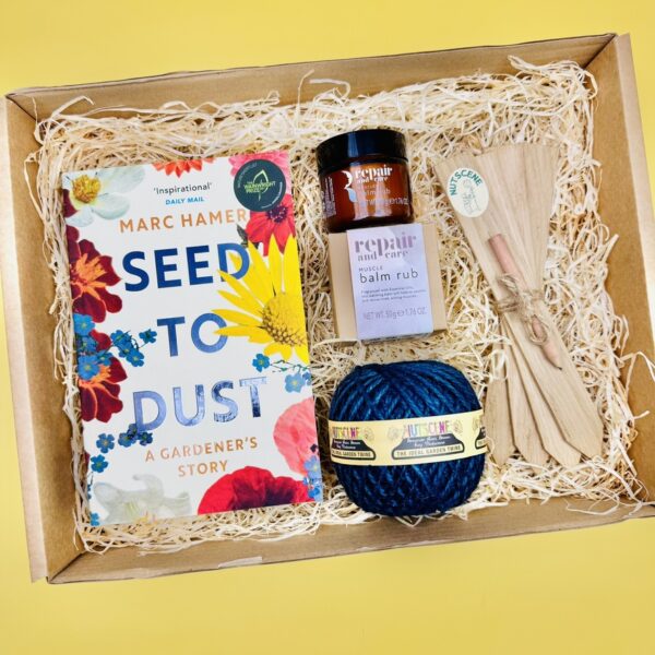 A gift for gardener enthusiasts. This picture shows the range of products that are included in the Alotment Care Package and presented in MindFill Packaging