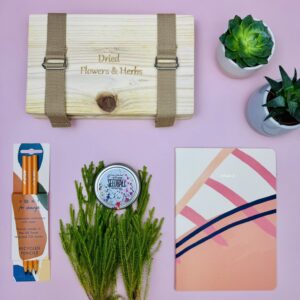 This is a picture of the range of products that are included on the Botanical Artist Gift Box, a gift for craft lovers.