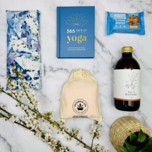 A gift for yogi friends and family. This is a picture of the range of prodcuts that are included in the Yoga Treat Gift Box