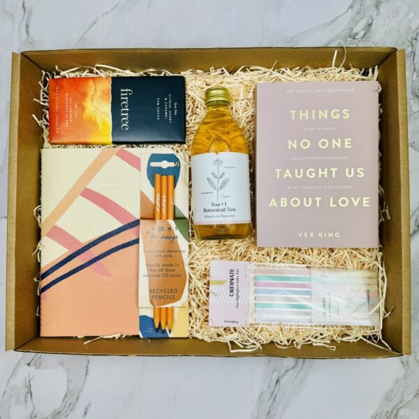 A picture of the range of products that are included in the Positivity & Self-Care Box. A perfect Wellbeing gift for her.