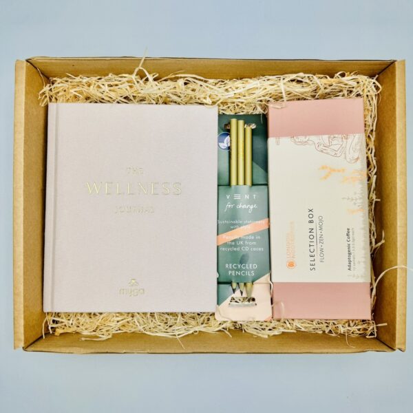 A picture of the range of products that are included in the Nootropics Wellness Planner Gift Box and presented in MindFill packaging.