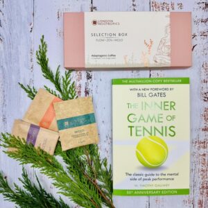 A tennis themed gift with a picture of hte products included in the Nootropics Tennis Wellness Box.