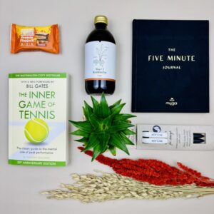 A picture of the range of products included in the Mindful Tennis Performance Box, a tennis gift for all levels.