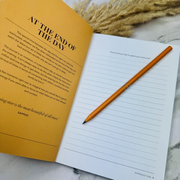 A picture of the inside of the Five Minutes in the evening Jounrnal that is included in the Evening Wind Down Reflection Box