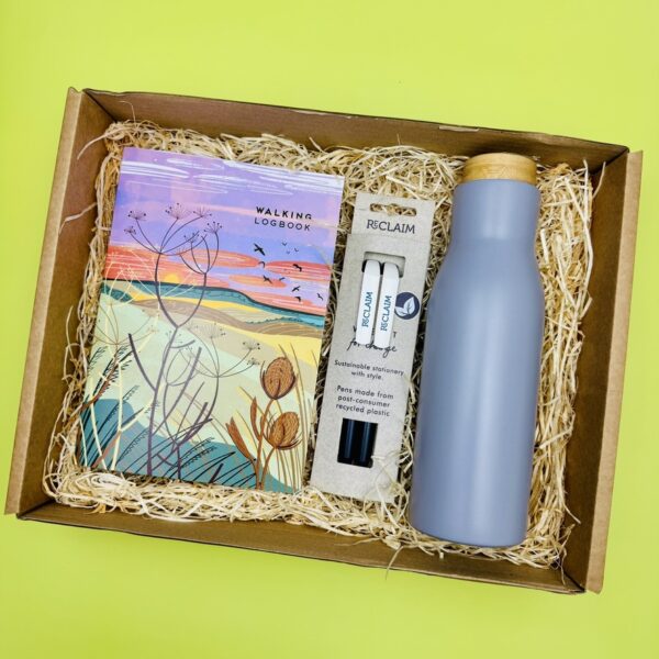 A picture of the products included in the Thoughtful Walker Gift Box presented in the MindFill Packaging