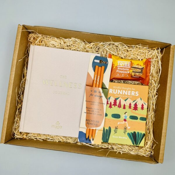 A picture of the runner gift box that shows the products in the MindFill packaging that is inlcuded in the Run Well Gift Box