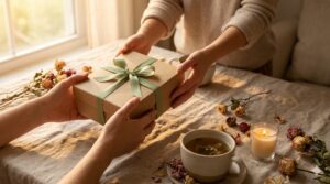 A image of someone passing on a self-care present.