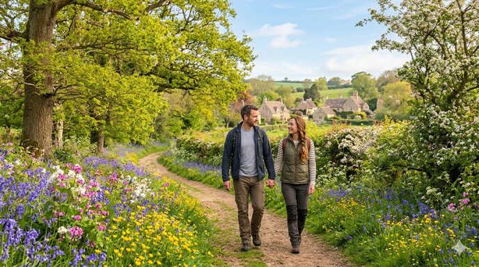 A picture of two walkers on a country path enjoying the colours of spring. This is being used for the walkers gifts for him blog post.