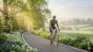 A picture of a cyclist on a road enjoying the spring time. This is used for the Cycling gift for men blog.
