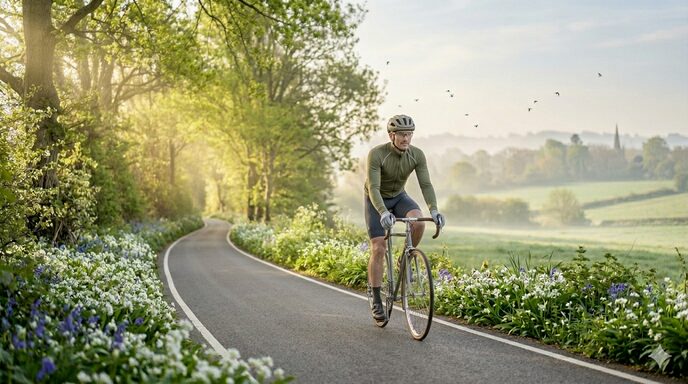 A picture of a cyclist on a road enjoying the spring time. This is used for the Cycling gift for men blog.