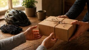 A picture of a person receiving a gift with cycling gear in the background. This is being used for the gifts for cyclists blog.