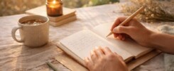 A picture of a person that is rigging in a journal in a calming environment. The image is being used to highlight self care gifts and ideas.