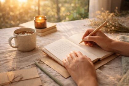 A picture of a person that is rigging in a journal in a calming environment. The image is being used to highlight self care gifts and ideas.